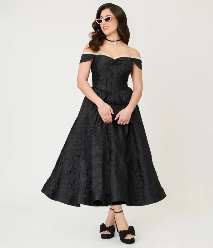 Unique Vintage Black Floral Jacquard Off Shoulder Tea Length Gown made by Unique Vintage
