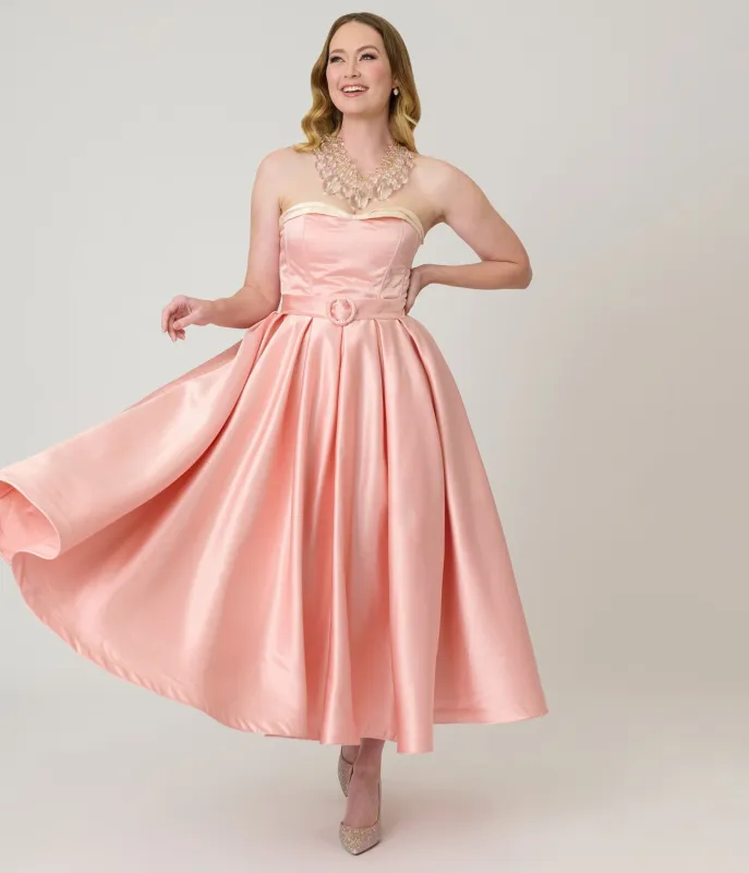 Unique Vintage Peach & Cream Strapless Tea Length Gown made by Unique Vintage
