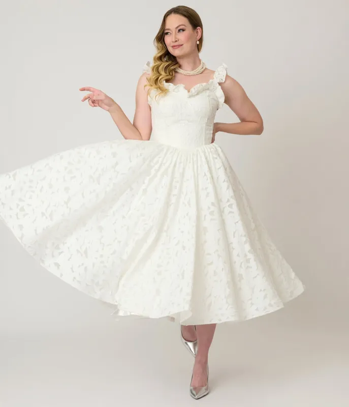 Unique Vintage White Jacquard Floral Tea Length Dress made by Unique Vintage