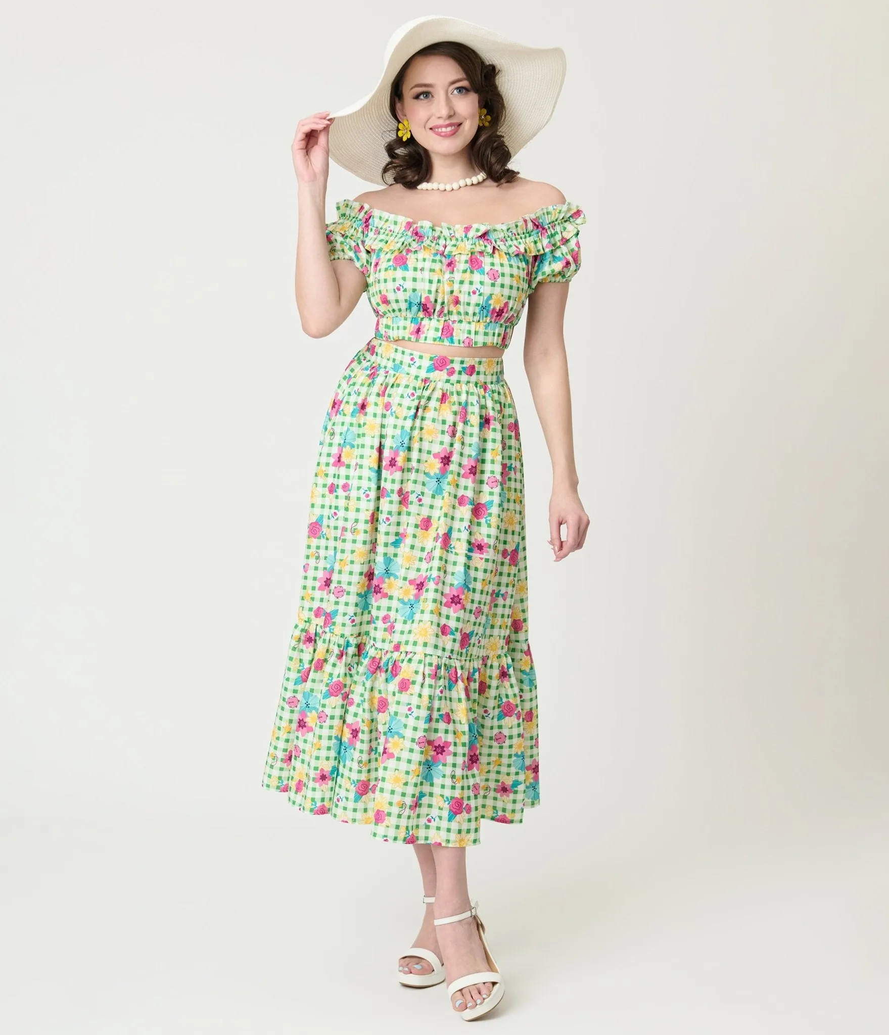 Disney Princess Collection by Unique Vintage Green Gingham Tiered Midi Skirt sold by Unique Vintage