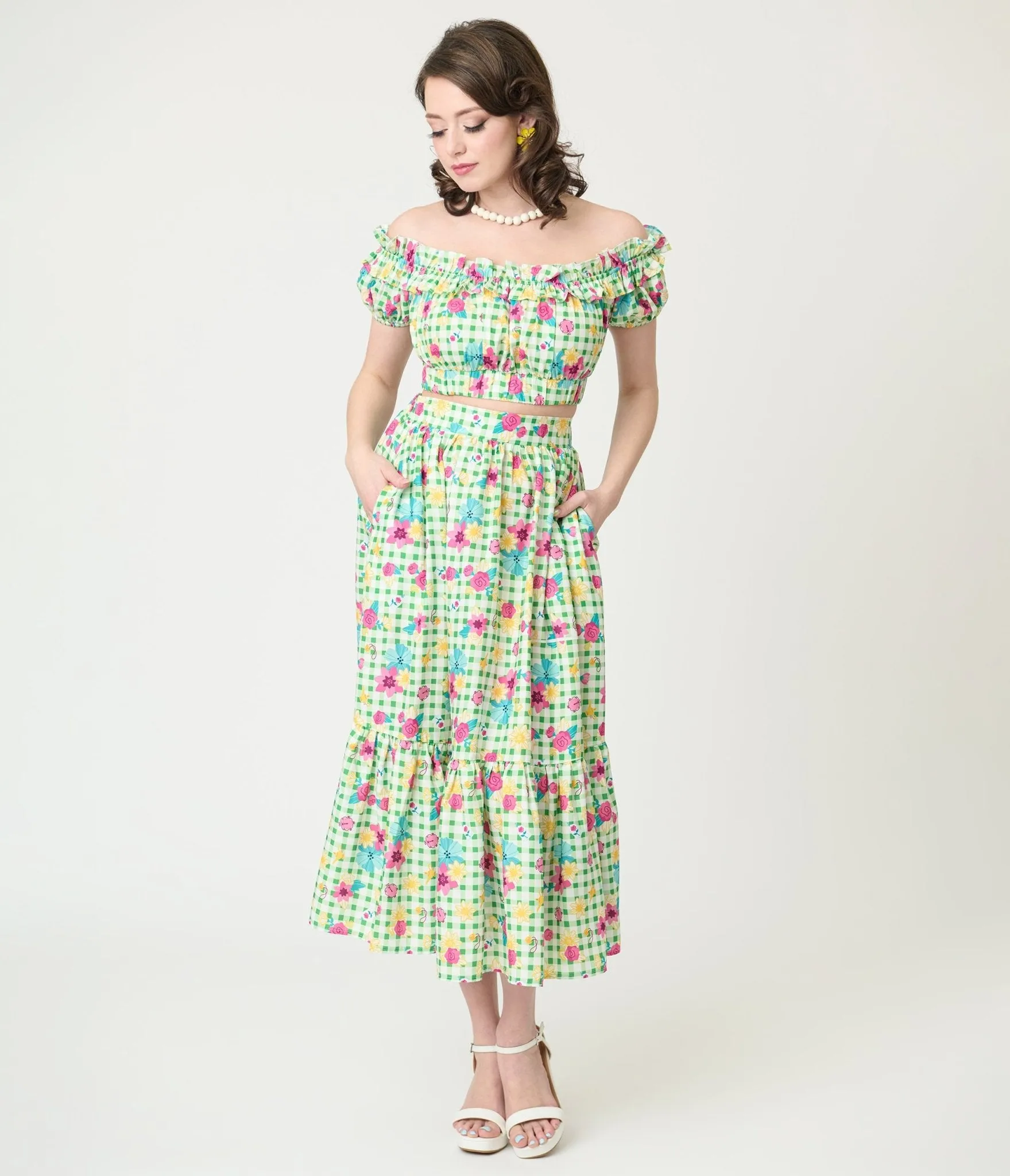 Disney Princess Collection by Unique Vintage Green Gingham Tiered Midi Skirt sold by Unique Vintage product image thumbnail 5