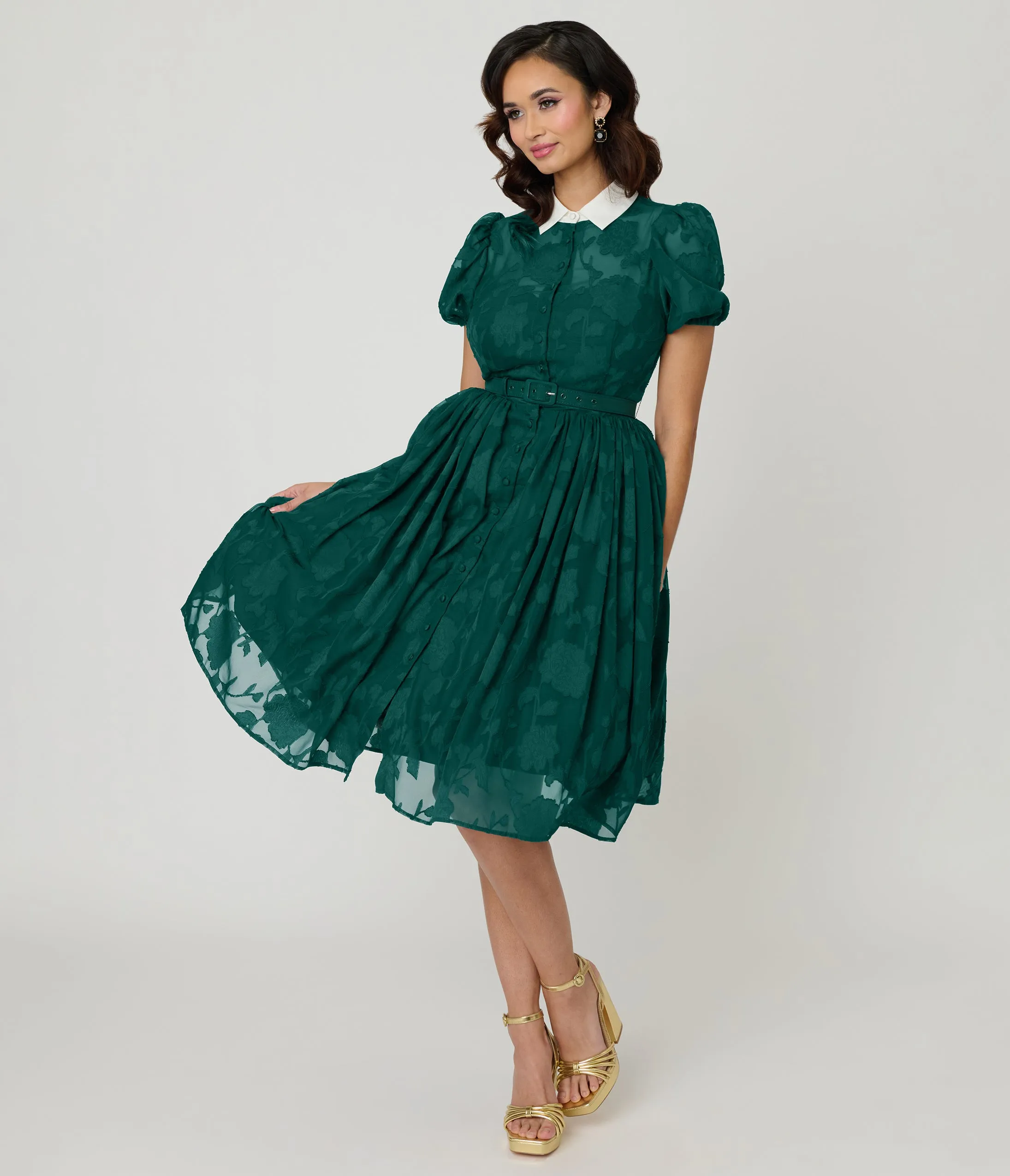 Unique Vintage Teal Floral Jacquard Hollie Swing Dress sold by Unique Vintage product image thumbnail 4
