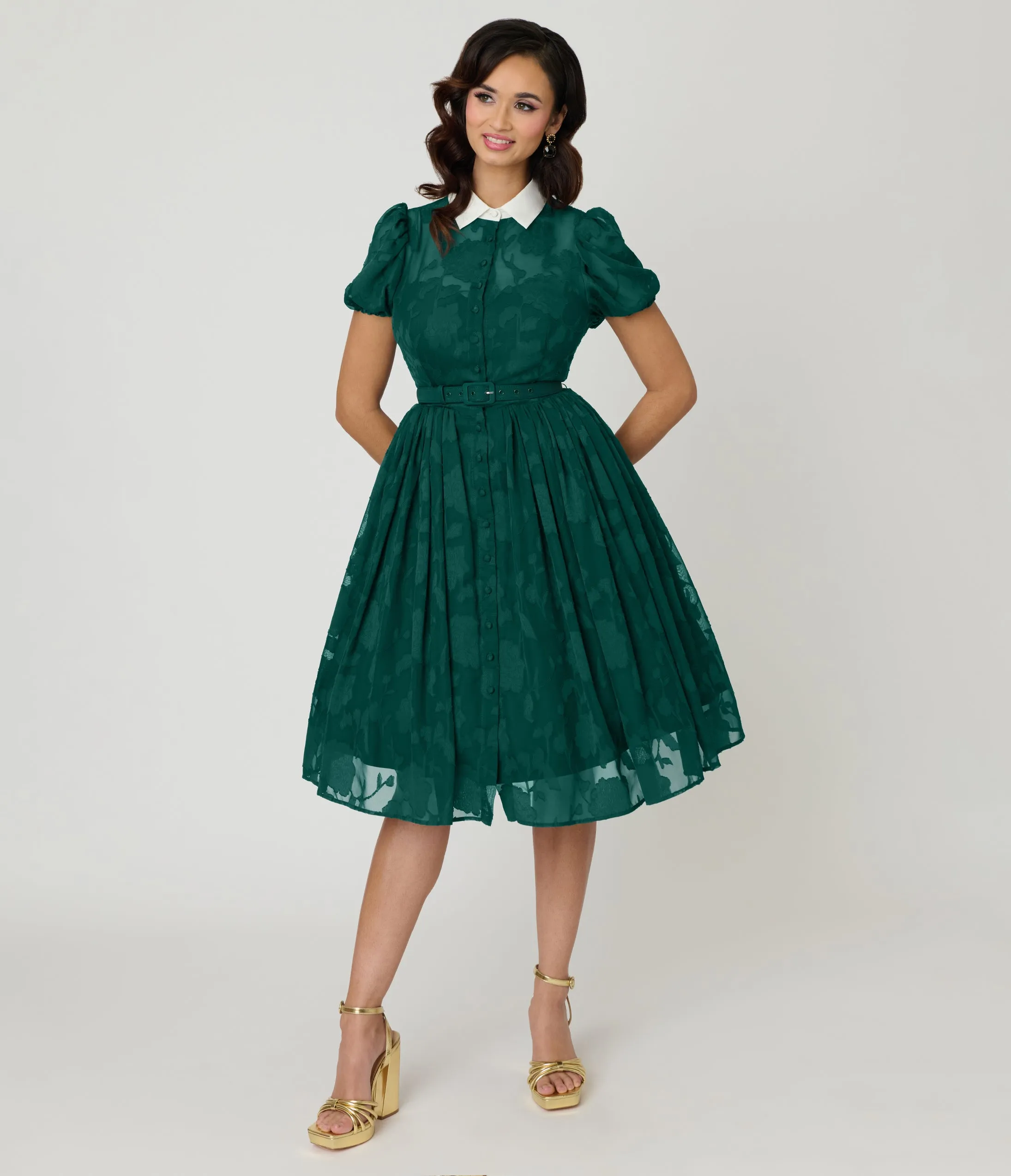 Unique Vintage Teal Floral Jacquard Hollie Swing Dress sold by Unique Vintage product image thumbnail 3