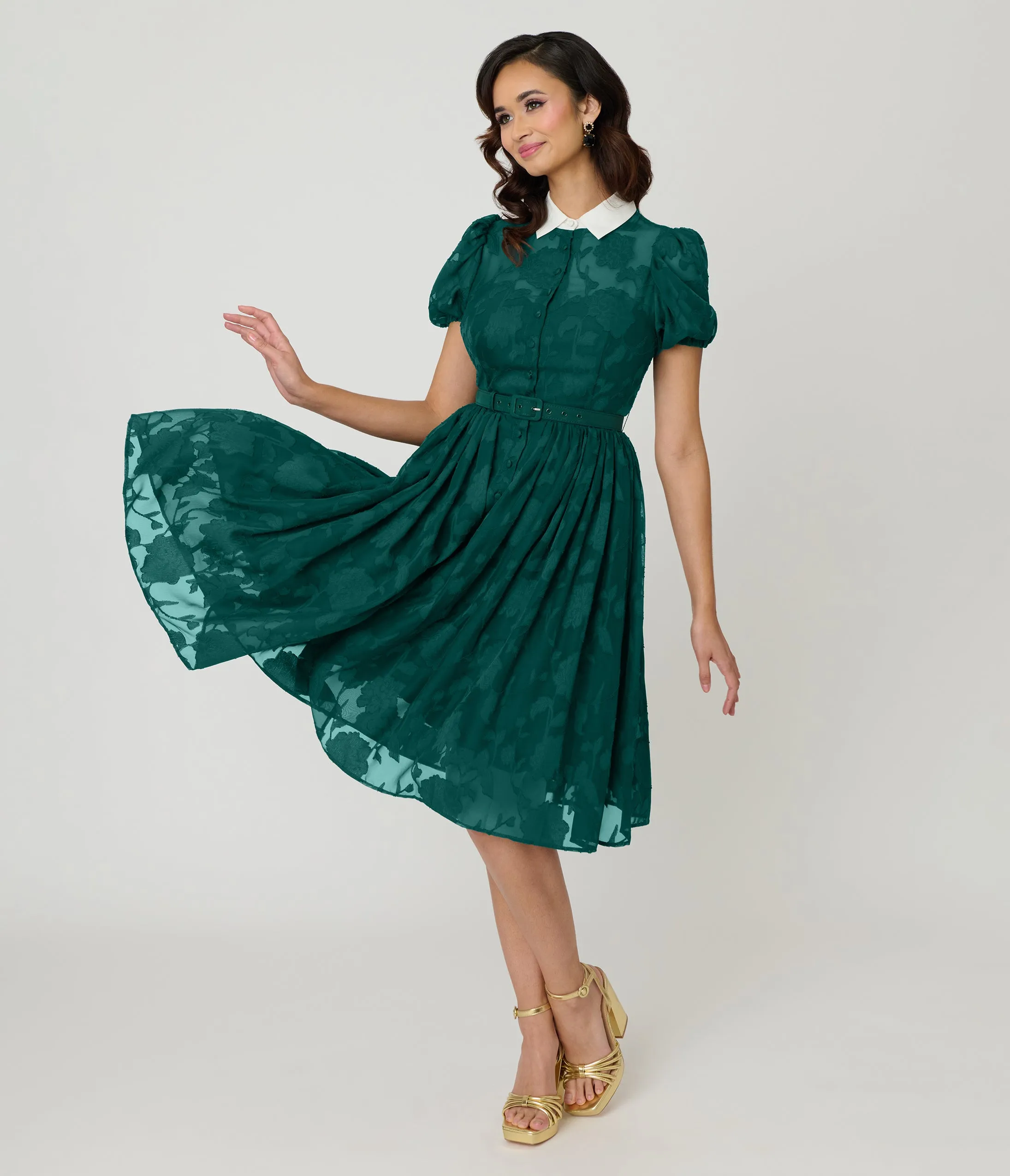 Unique Vintage Teal Floral Jacquard Hollie Swing Dress sold by Unique Vintage