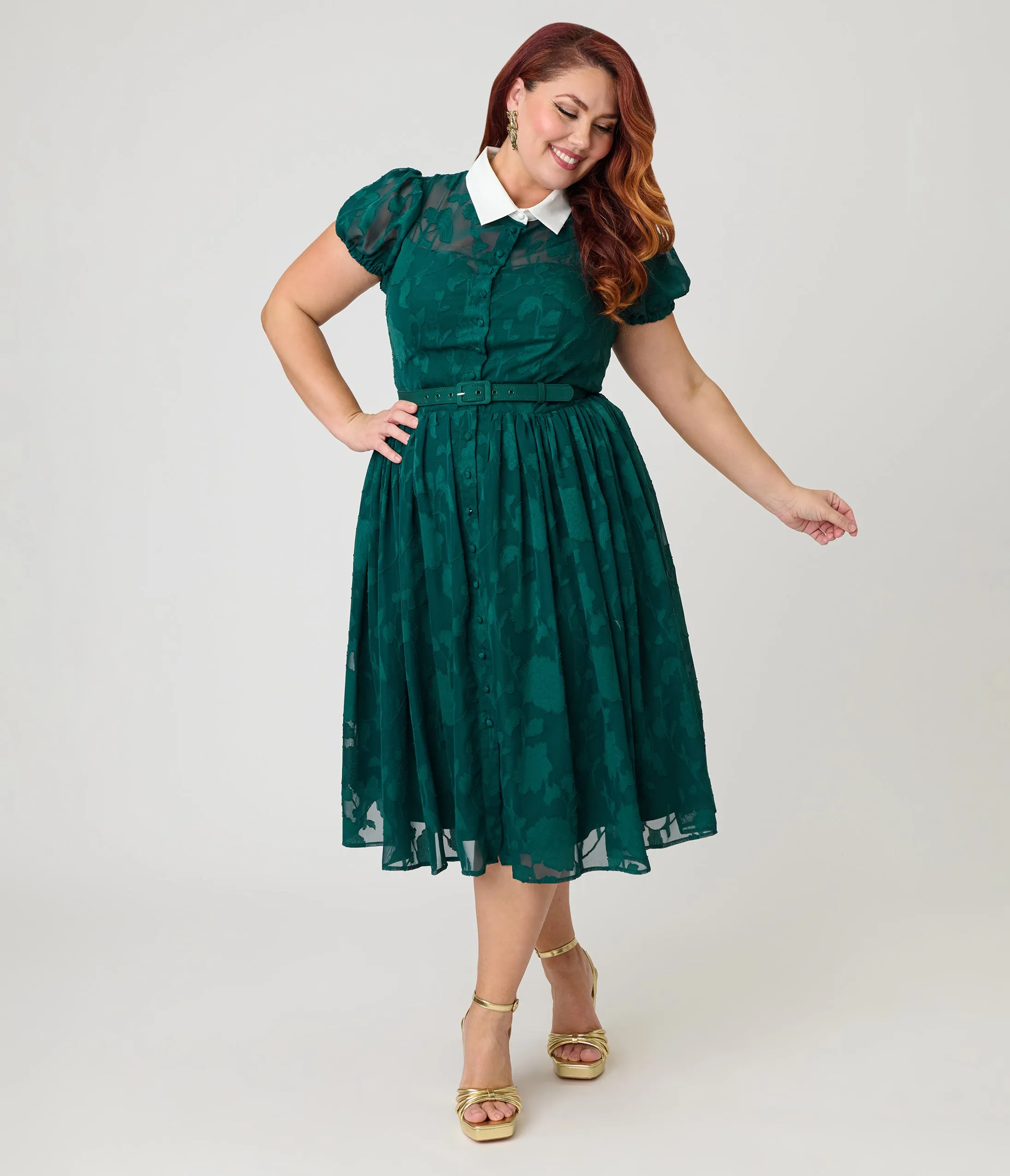 Unique Vintage Plus Size Teal Floral Jacquard Hollie Swing Dress sold by Unique Vintage product image thumbnail 4