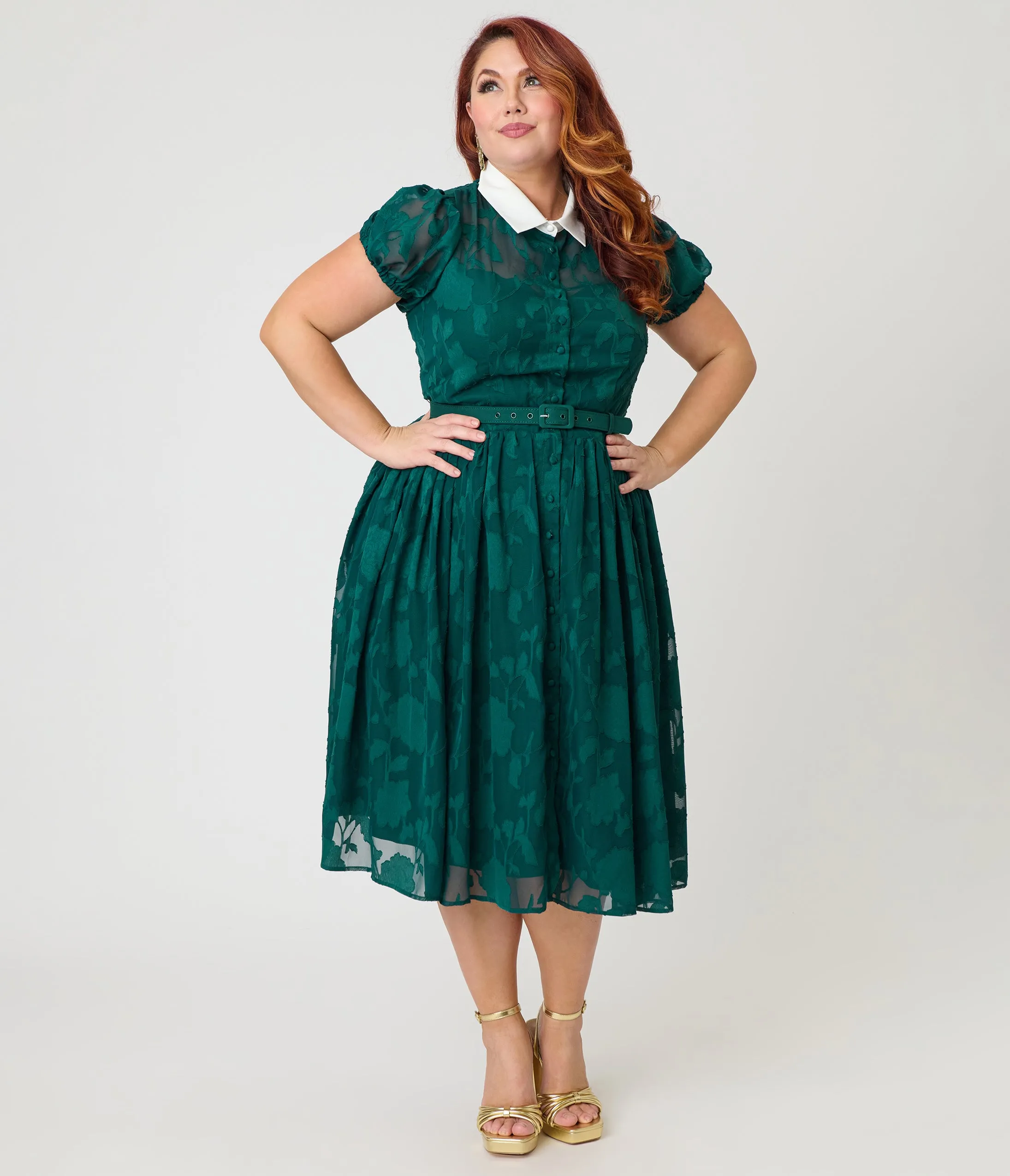 Unique Vintage Plus Size Teal Floral Jacquard Hollie Swing Dress sold by Unique Vintage product image thumbnail 3