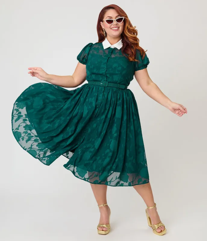 Unique Vintage Plus Size Teal Floral Jacquard Hollie Swing Dress made by Unique Vintage