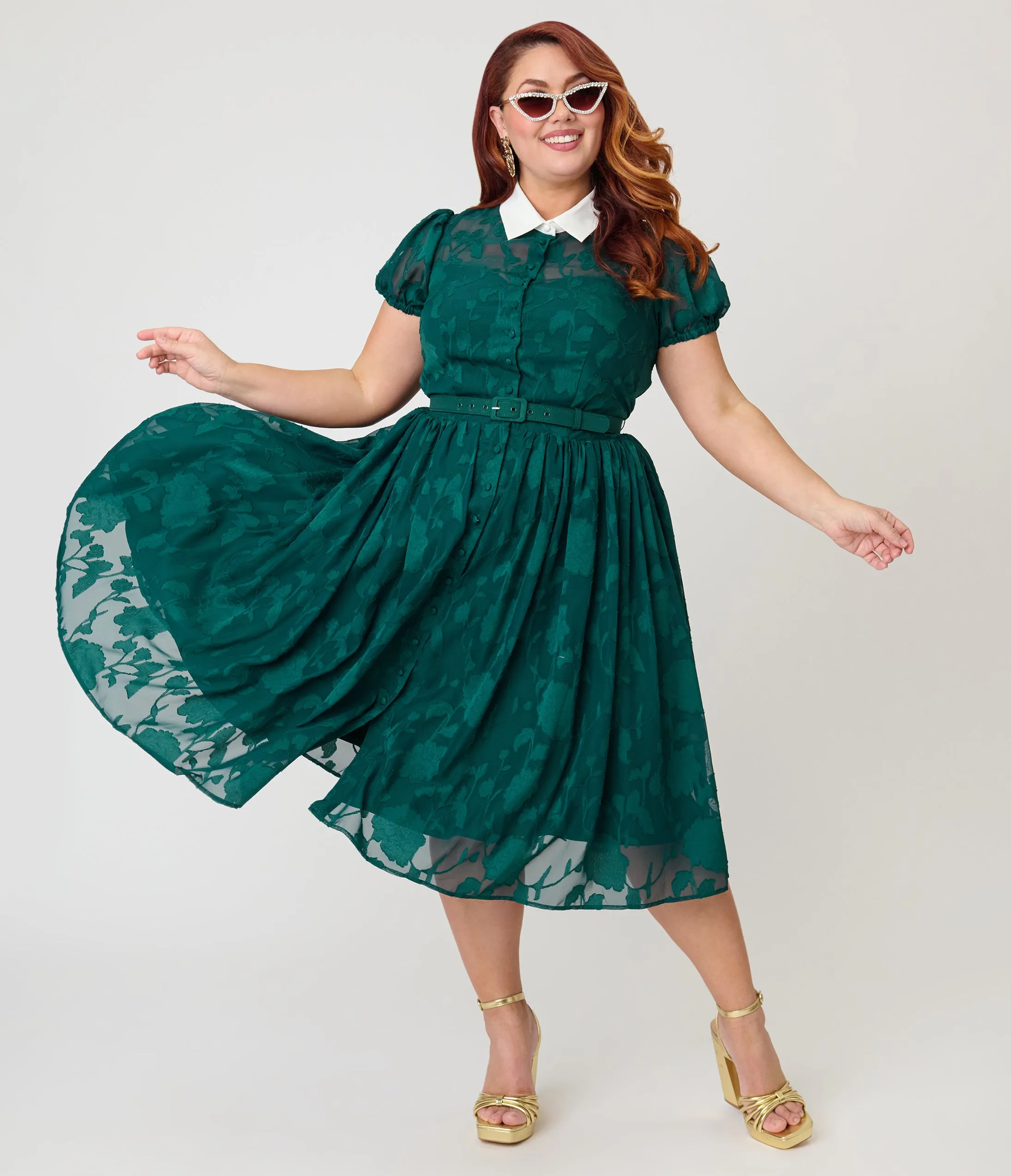 Unique Vintage Plus Size Teal Floral Jacquard Hollie Swing Dress sold by Unique Vintage