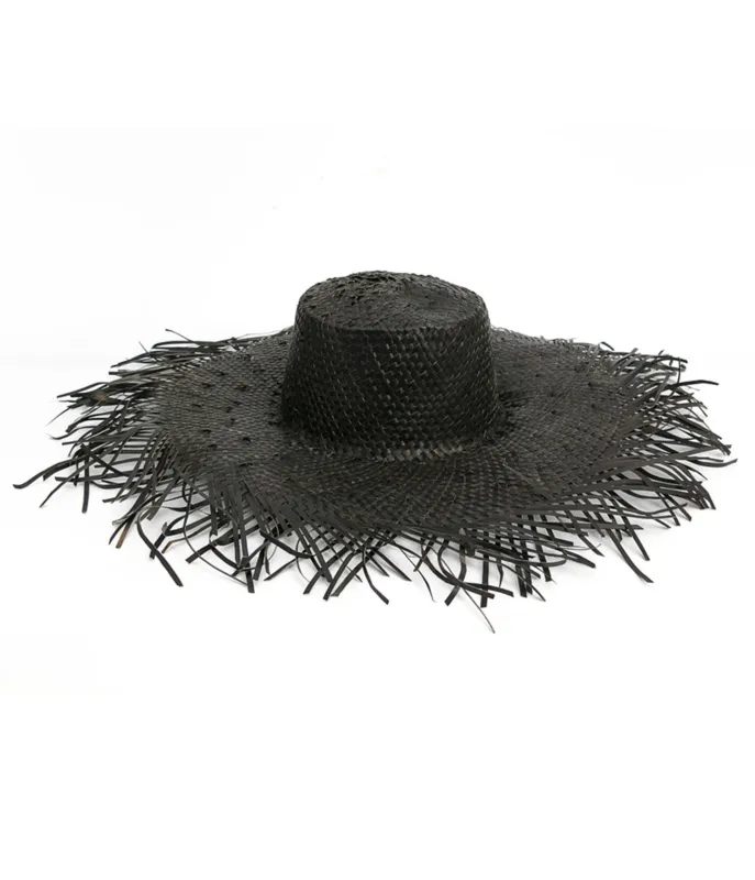 Black Raffia Frayed Edge Hat made by Unique Vintage