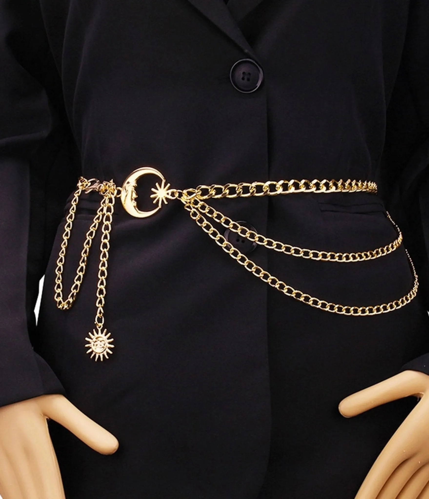 Gold Tone Moon Multi Layered Chain Belt sold by Unique Vintage