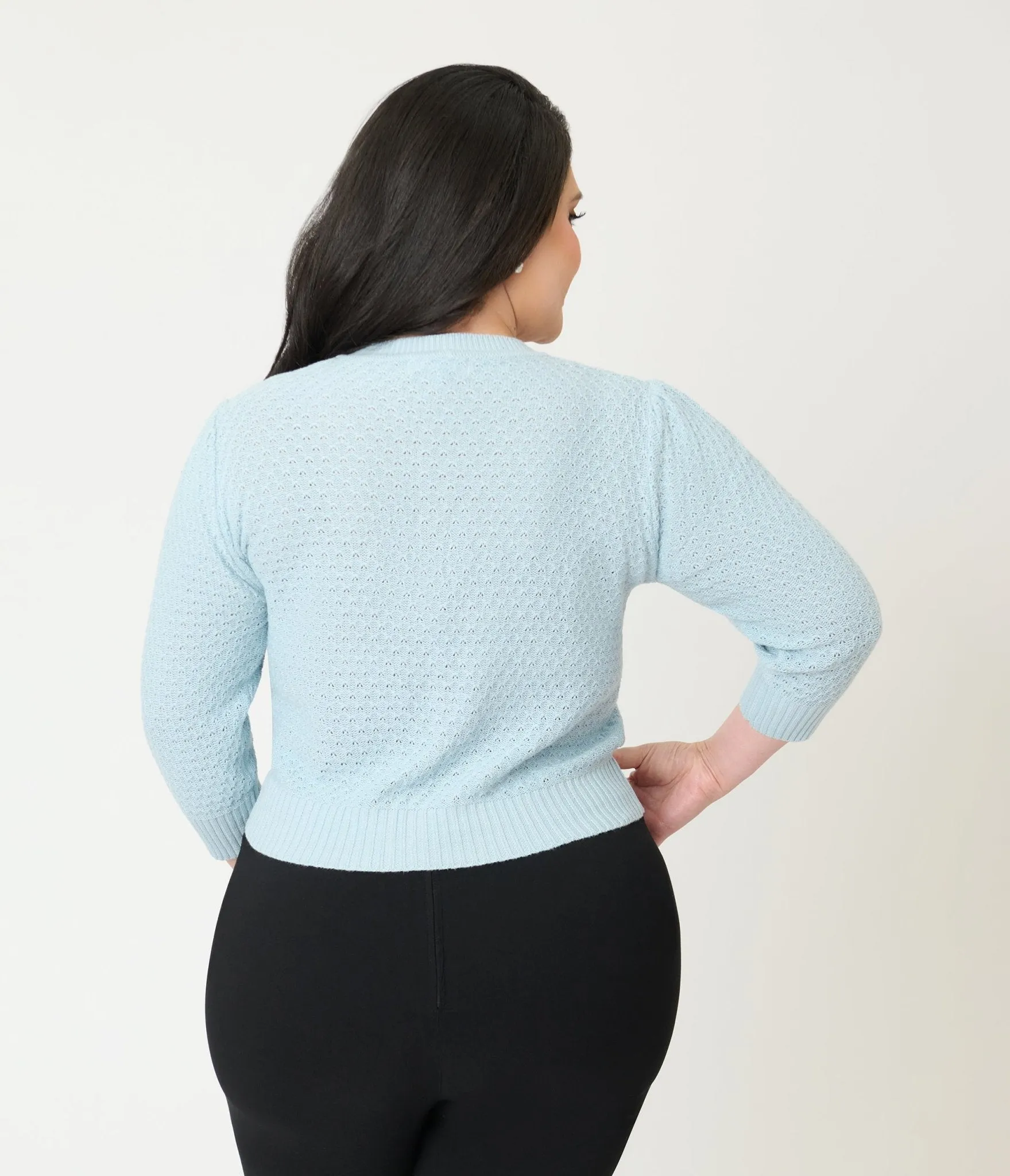 Plus Size Retro Style Light Blue Crochet Cardigan sold by Unique Vintage product image thumbnail 2