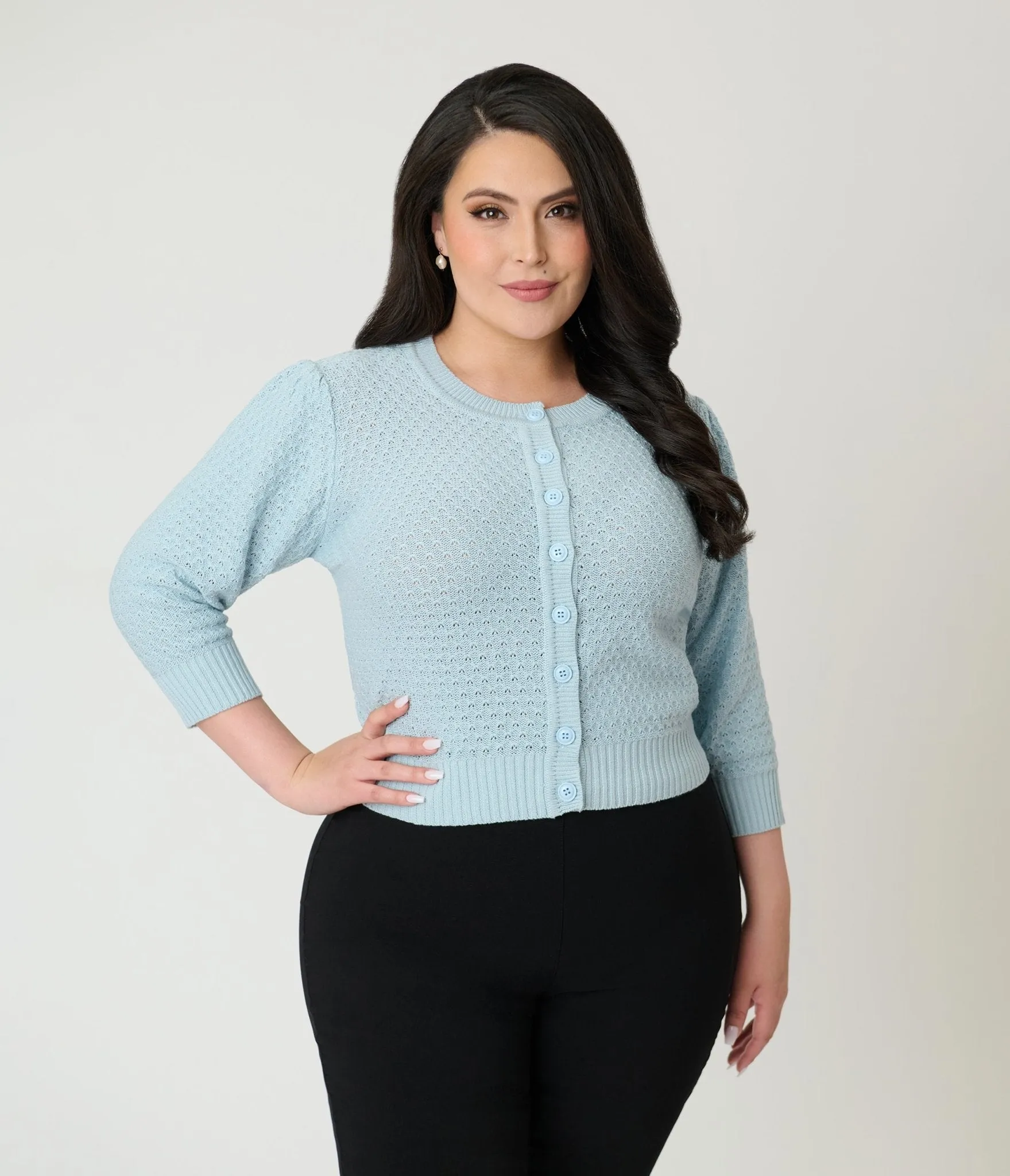 Plus Size Retro Style Light Blue Crochet Cardigan sold by Unique Vintage product image thumbnail 3