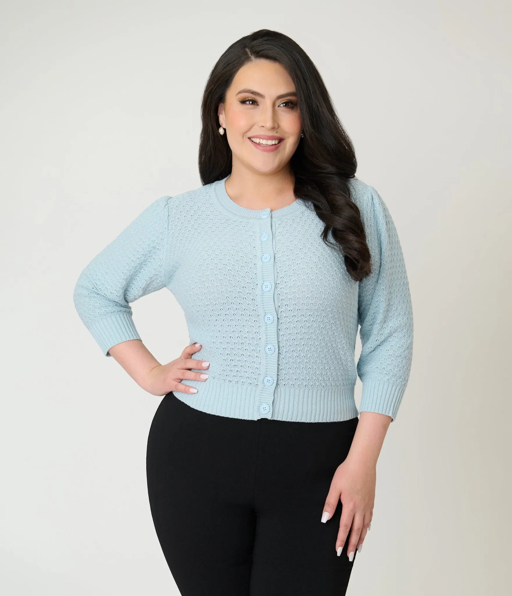 Plus Size Retro Style Light Blue Crochet Cardigan sold by Unique Vintage