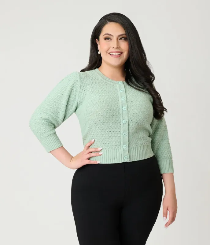 Plus Size Retro Style Aqua Crochet Cardigan made by Unique Vintage