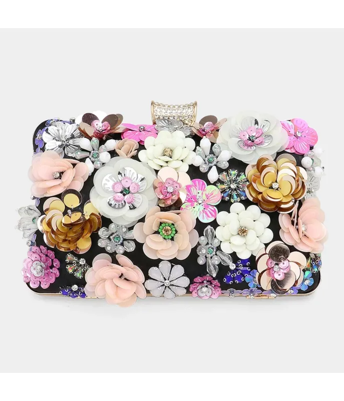Black Sequin Floral Embellished Clutch made by Unique Vintage