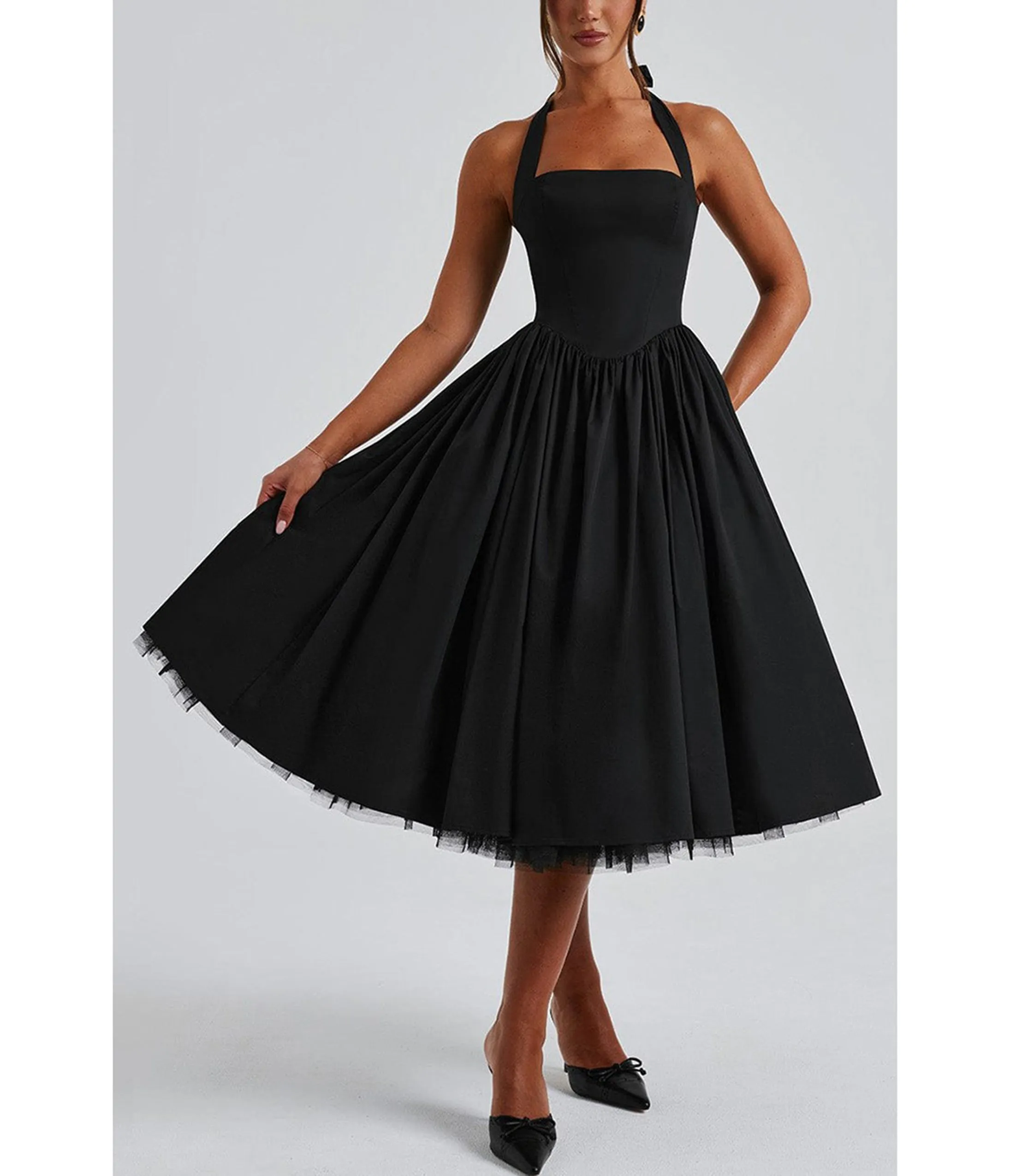 Black Halter Flare Midi Dress sold by Unique Vintage product image thumbnail 2