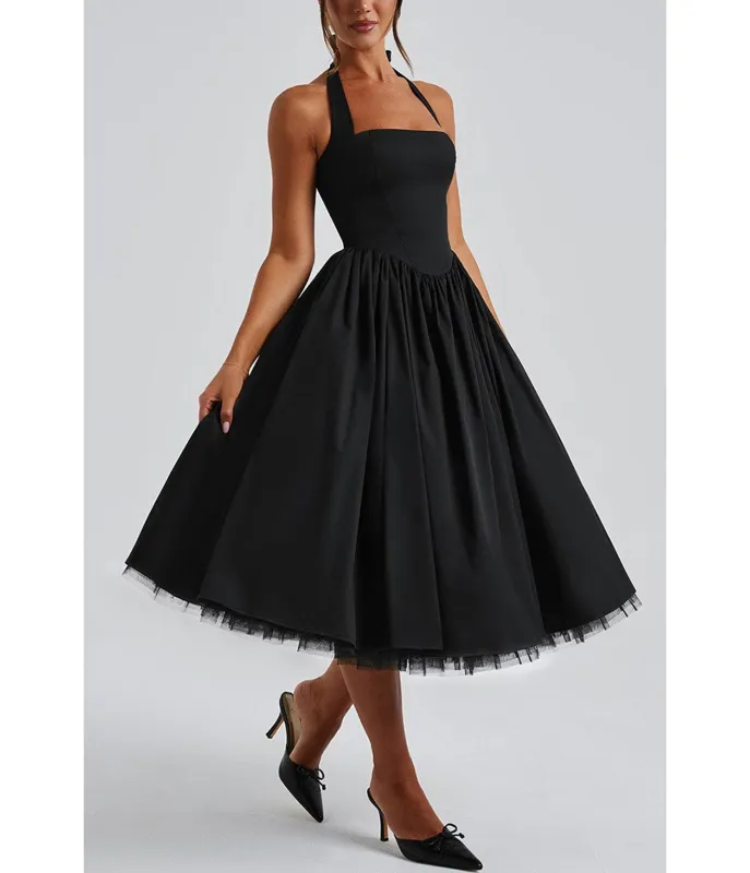 Black Halter Flare Midi Dress made by Unique Vintage