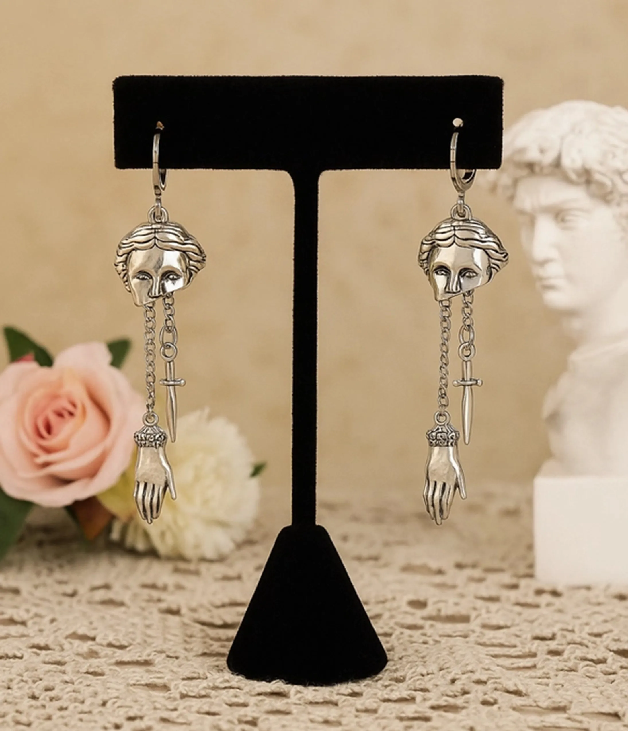 Silver Tone Roman Mask Dangle Earrings sold by Unique Vintage product image thumbnail 4