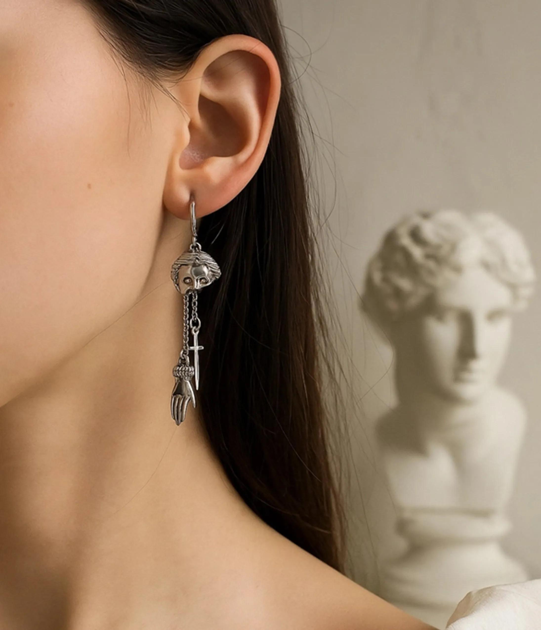 Silver Tone Roman Mask Dangle Earrings sold by Unique Vintage product image thumbnail 2