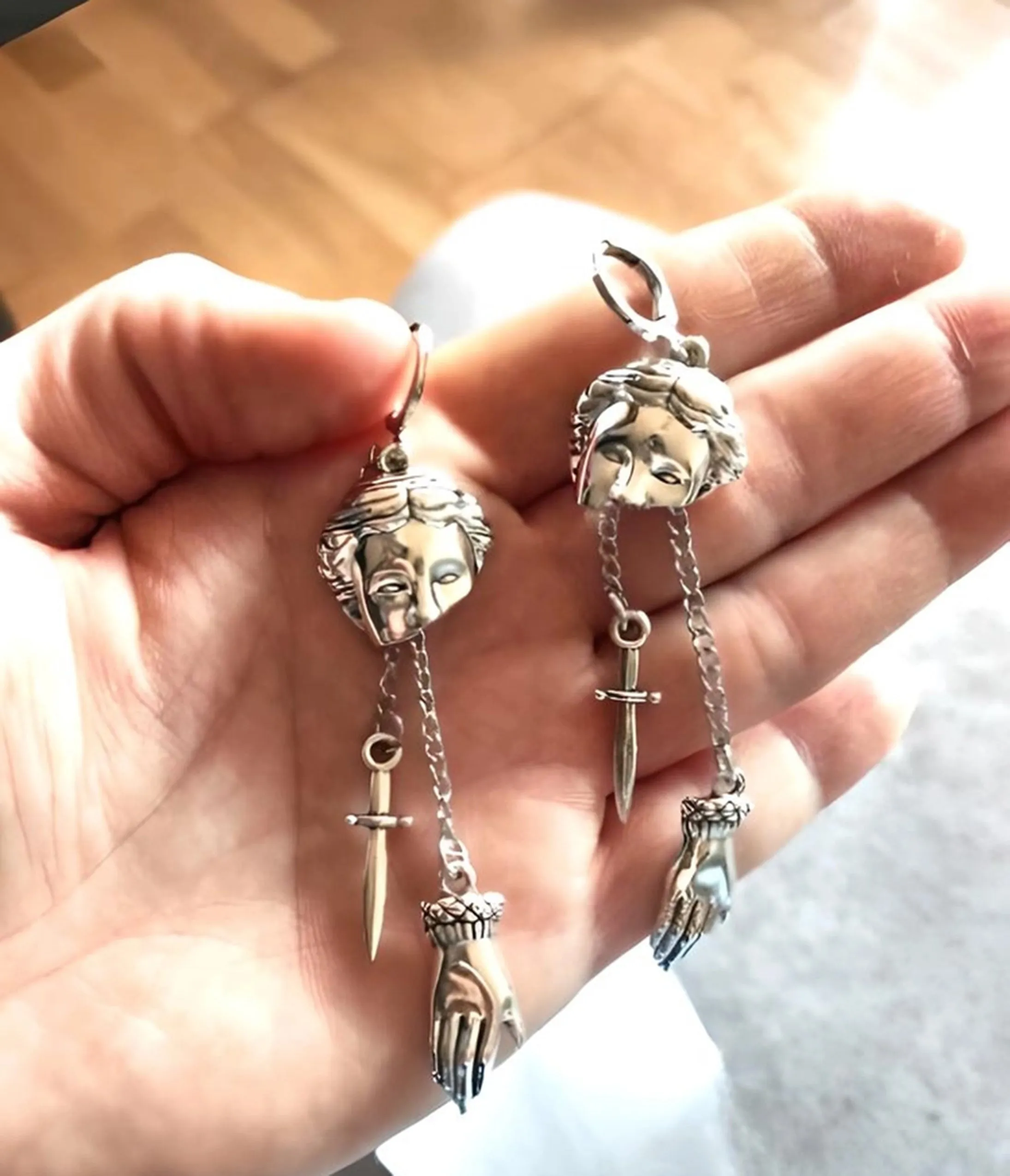 Silver Tone Roman Mask Dangle Earrings sold by Unique Vintage product image thumbnail 3