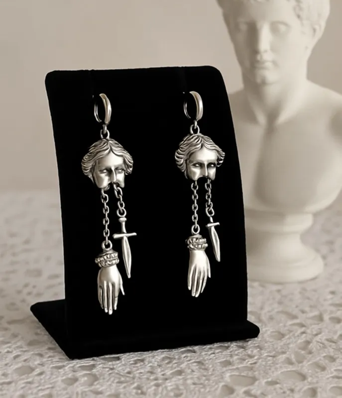 Silver Tone Roman Mask Dangle Earrings made by Unique Vintage