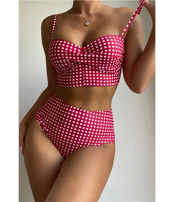 Red Gingham High Waist Bikini Set made by Unique Vintage