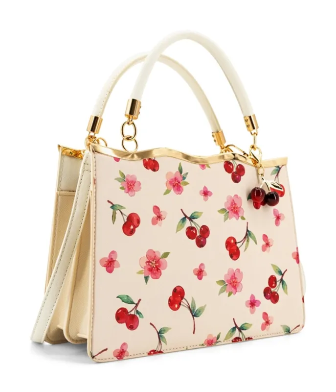 Cream & Cherry Leatherette Handbag made by Unique Vintage