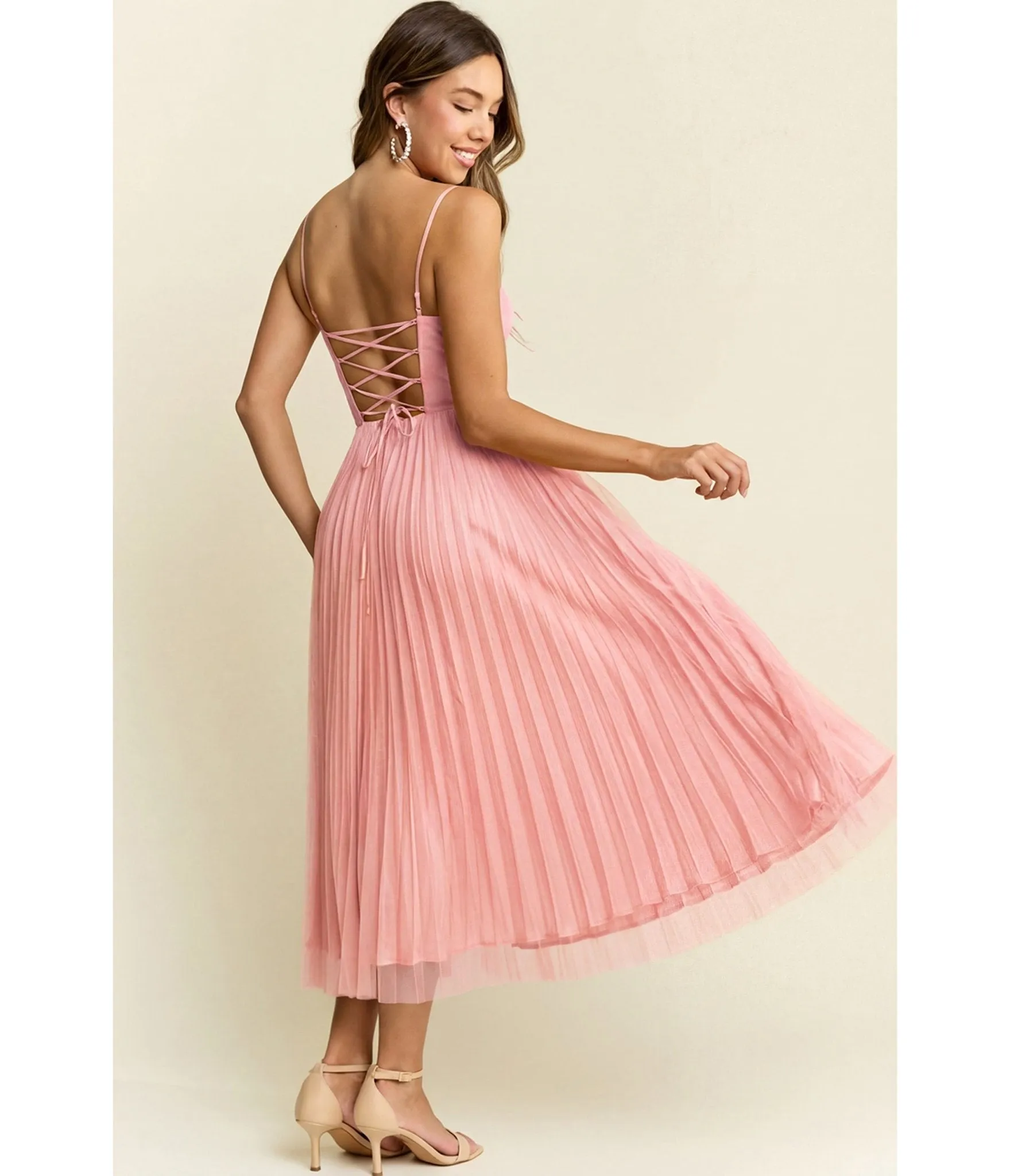 Pink Pleated Tulle Midi Dress sold by Unique Vintage product image thumbnail 2