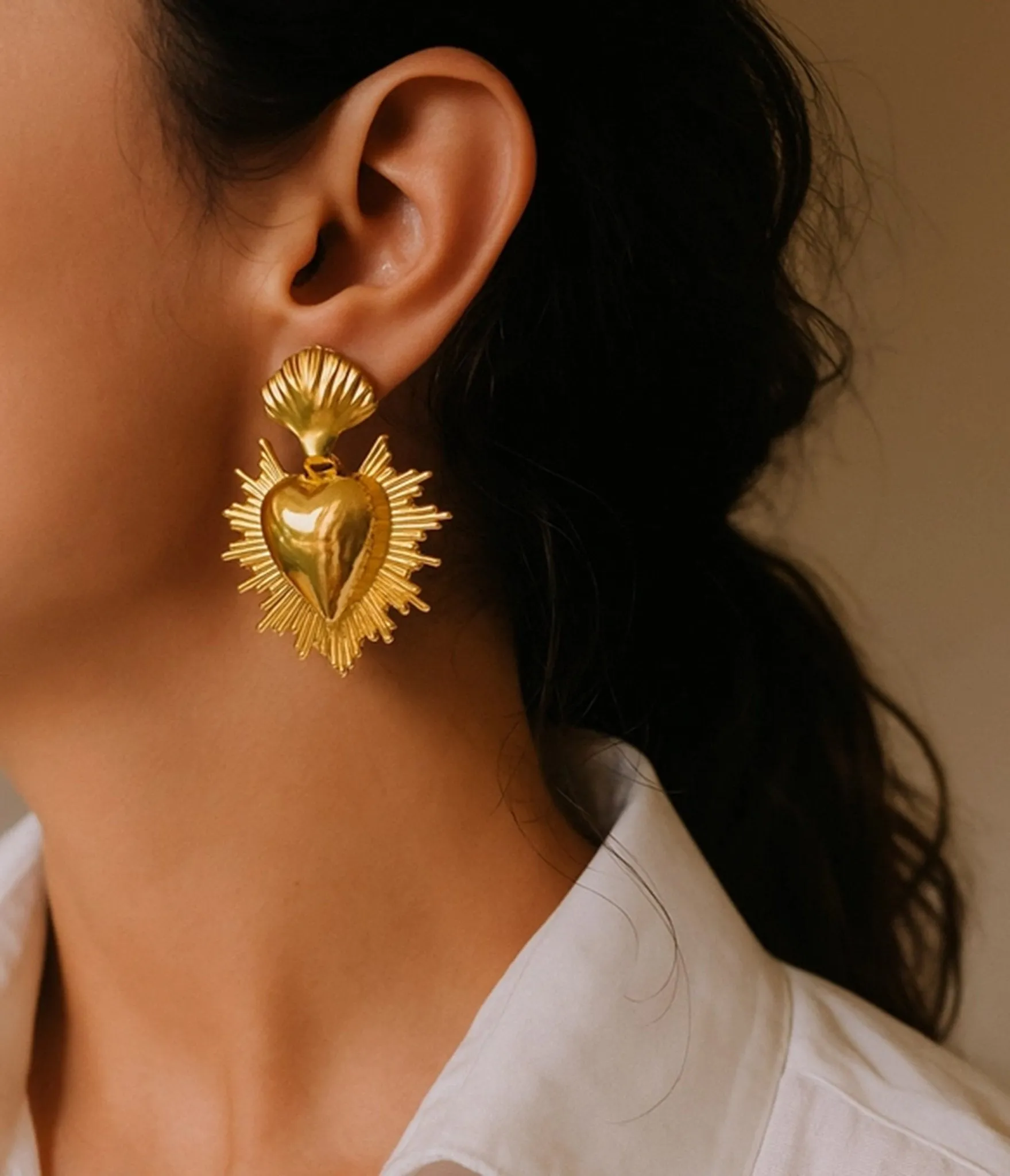 Gold Tone Sacred Heart Earrings sold by Unique Vintage product image thumbnail 2