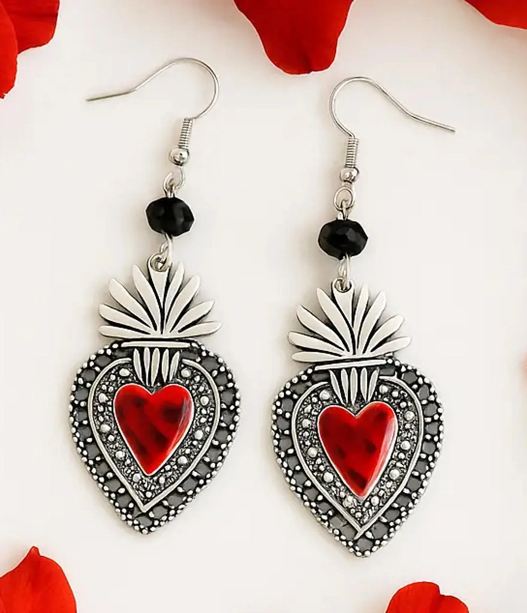 Silver Tone Sacred Heart Dangle Earrings sold by Unique Vintage