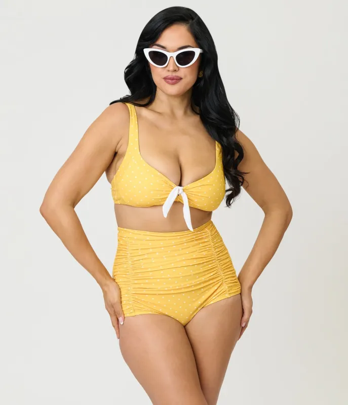 Unique Vintage Yellow & White Pin Dot Monroe High Waist Swim Bottom made by Unique Vintage