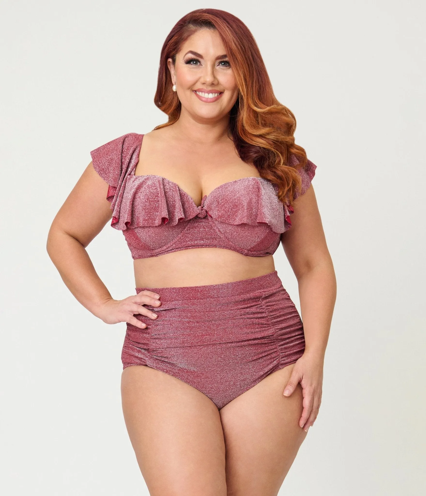 Unique Vintage Plus Size Burgundy Lurex Ruffled Cap Sleeve Frida Swim Top sold by Unique Vintage product image thumbnail 3