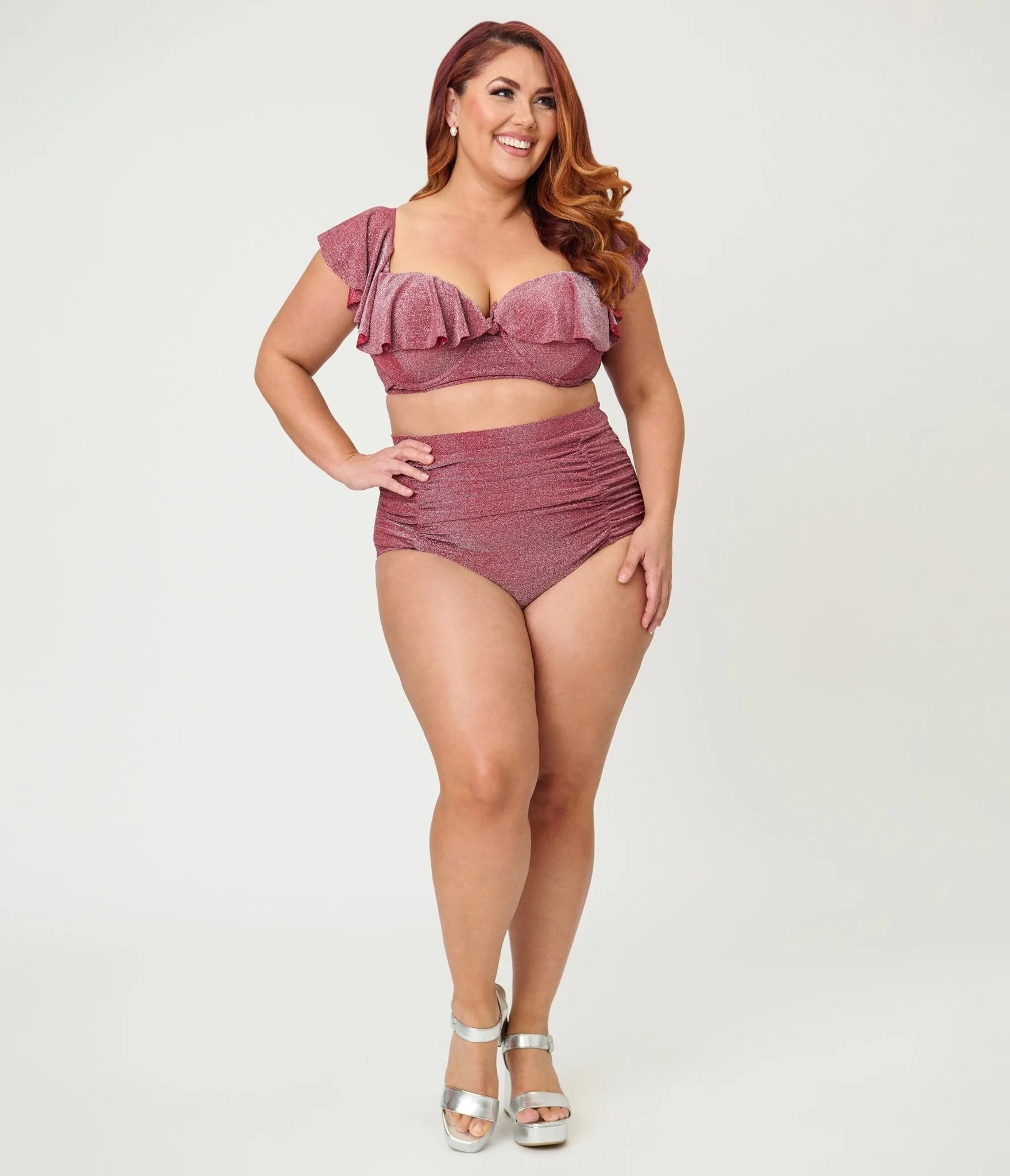 Unique Vintage Plus Size Burgundy Lurex Ruffled Cap Sleeve Frida Swim Top sold by Unique Vintage product image thumbnail 4