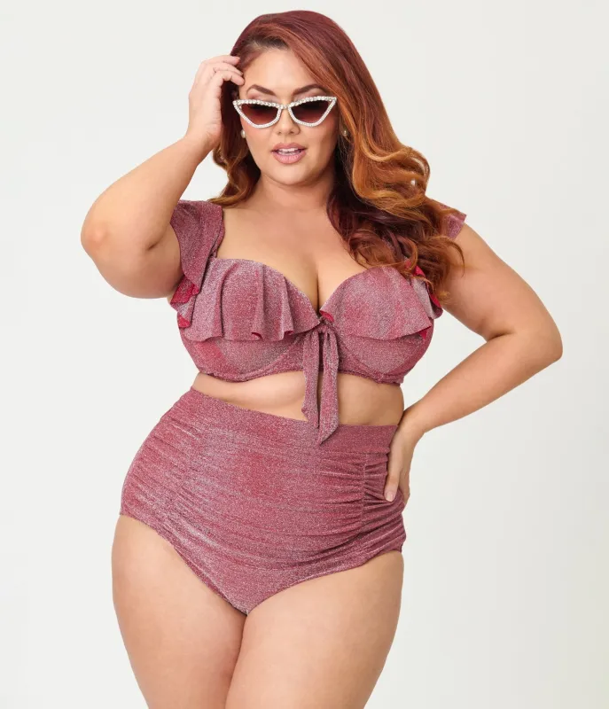 Unique Vintage Plus Size Burgundy Lurex Ruffled Cap Sleeve Frida Swim Top made by Unique Vintage