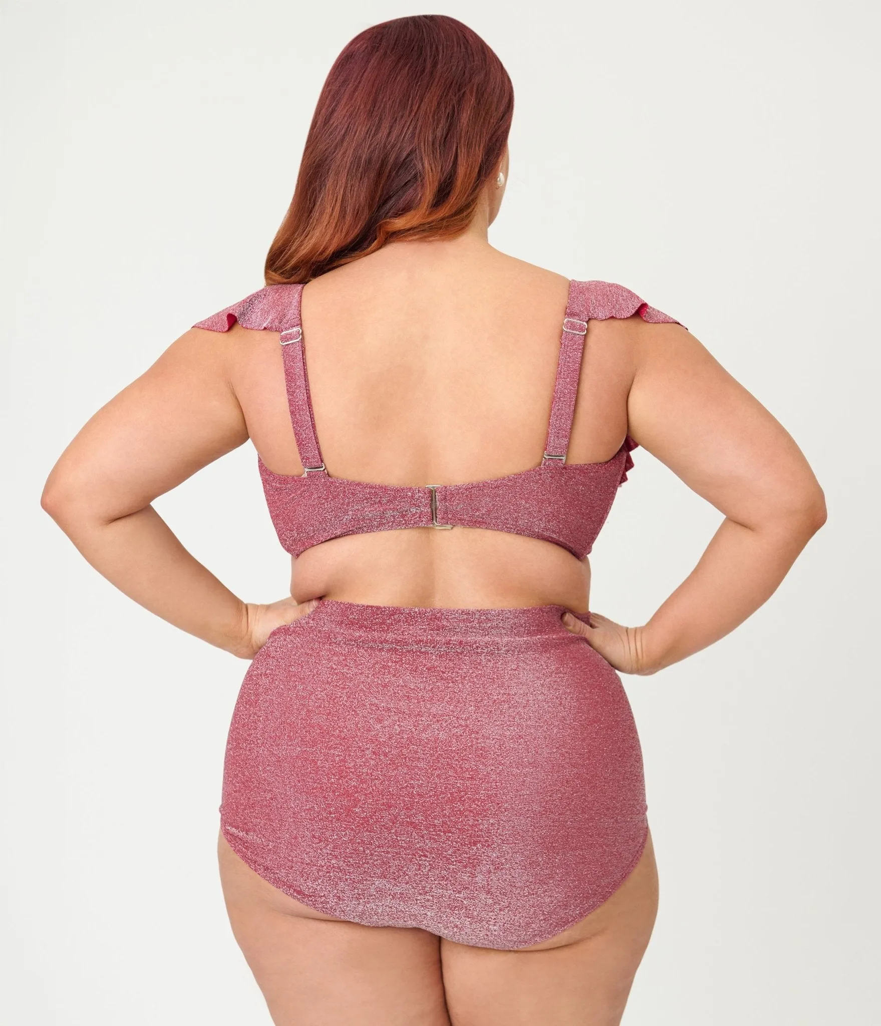 Unique Vintage Plus Size Burgundy Lurex Ruffled Cap Sleeve Frida Swim Top sold by Unique Vintage product image thumbnail 2