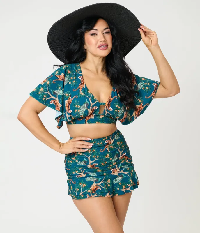 Unique Vintage Green Tiger Print Flutter Sleeve Swim Top made by Unique Vintage