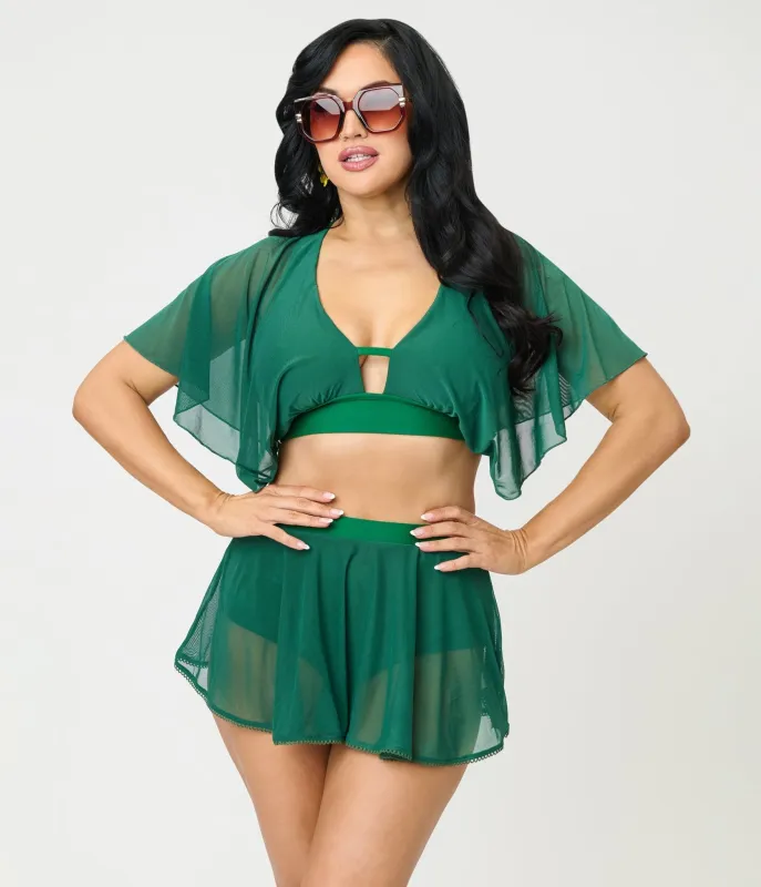 Unique Vintage Green Flutter Sleeve Swim Top made by Unique Vintage