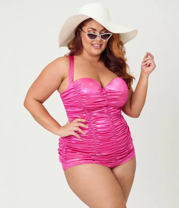 Unique Vintage Plus Size Pink Shimmer Mansfield Halter One Piece Swimsuit made by Unique Vintage