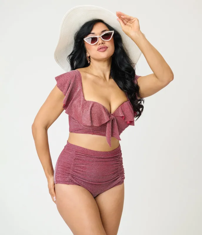Unique Vintage Burgundy Lurex Monroe High Waist Bikini Bottom made by Unique Vintage