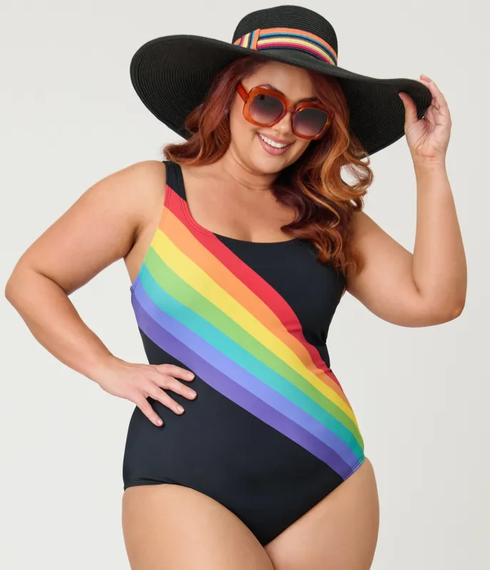 Unique Vintage Plus Size Black Rainbow Huntington Swimsuit made by Unique Vintage