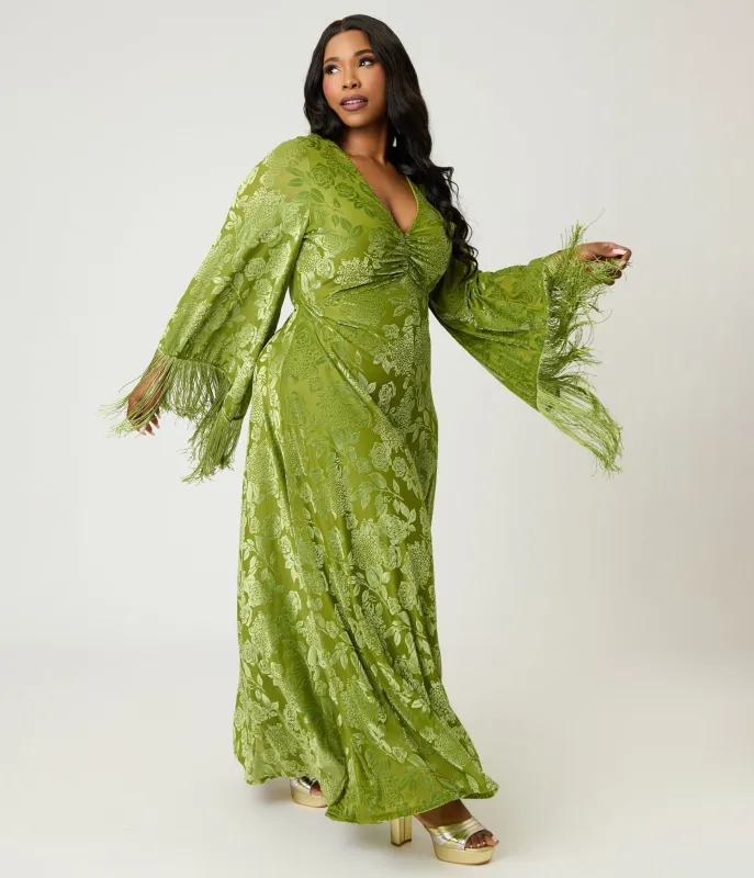 Smak Parlour Plus Size Chartreuse Velvet Burnout Fringe Sleeve Stevie Maxi Dress made by Unique Vintage