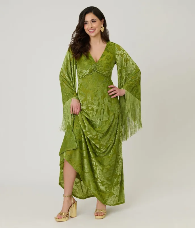 Smak Parlour Chartreuse Velvet Burnout Fringe Sleeve Stevie Maxi Dress made by Unique Vintage