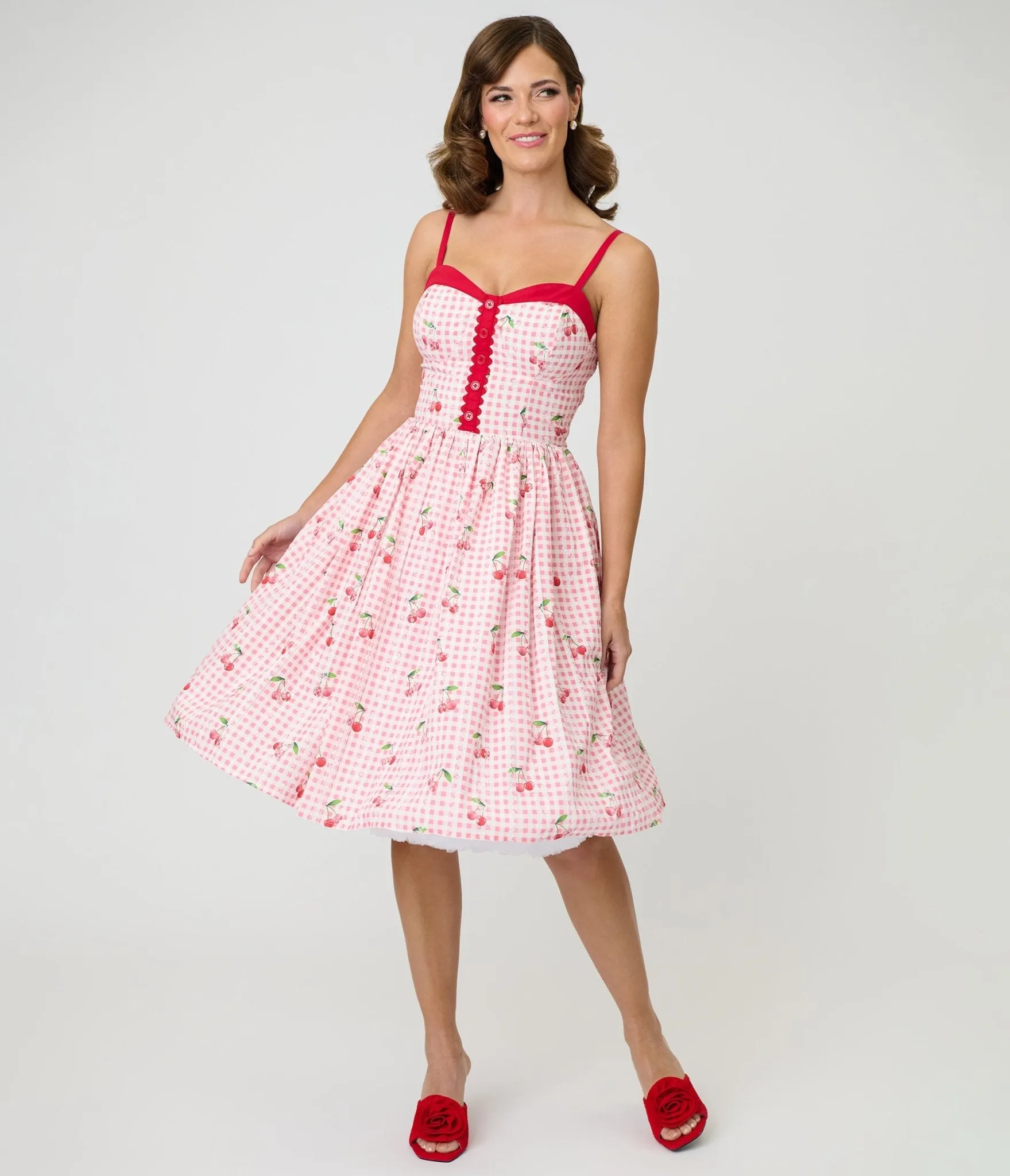 Unique Vintage Red Gingham & Cherries Sweetheart Swing Dress sold by Unique Vintage product image thumbnail 3