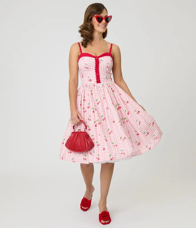 Unique Vintage Red Gingham & Cherries Sweetheart Swing Dress made by Unique Vintage