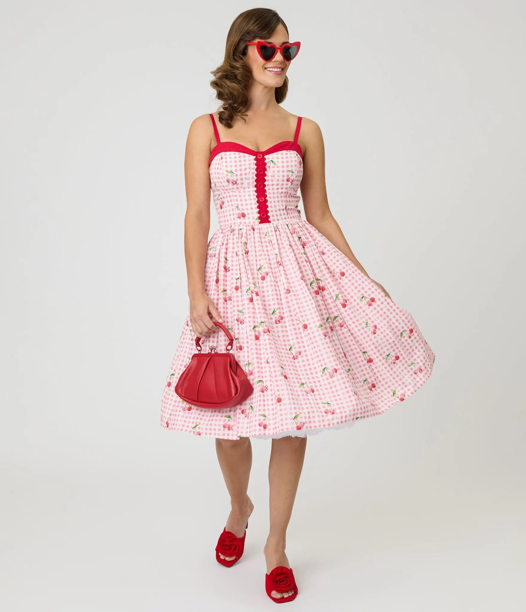 Unique Vintage Red Gingham & Cherries Sweetheart Swing Dress sold by Unique Vintage