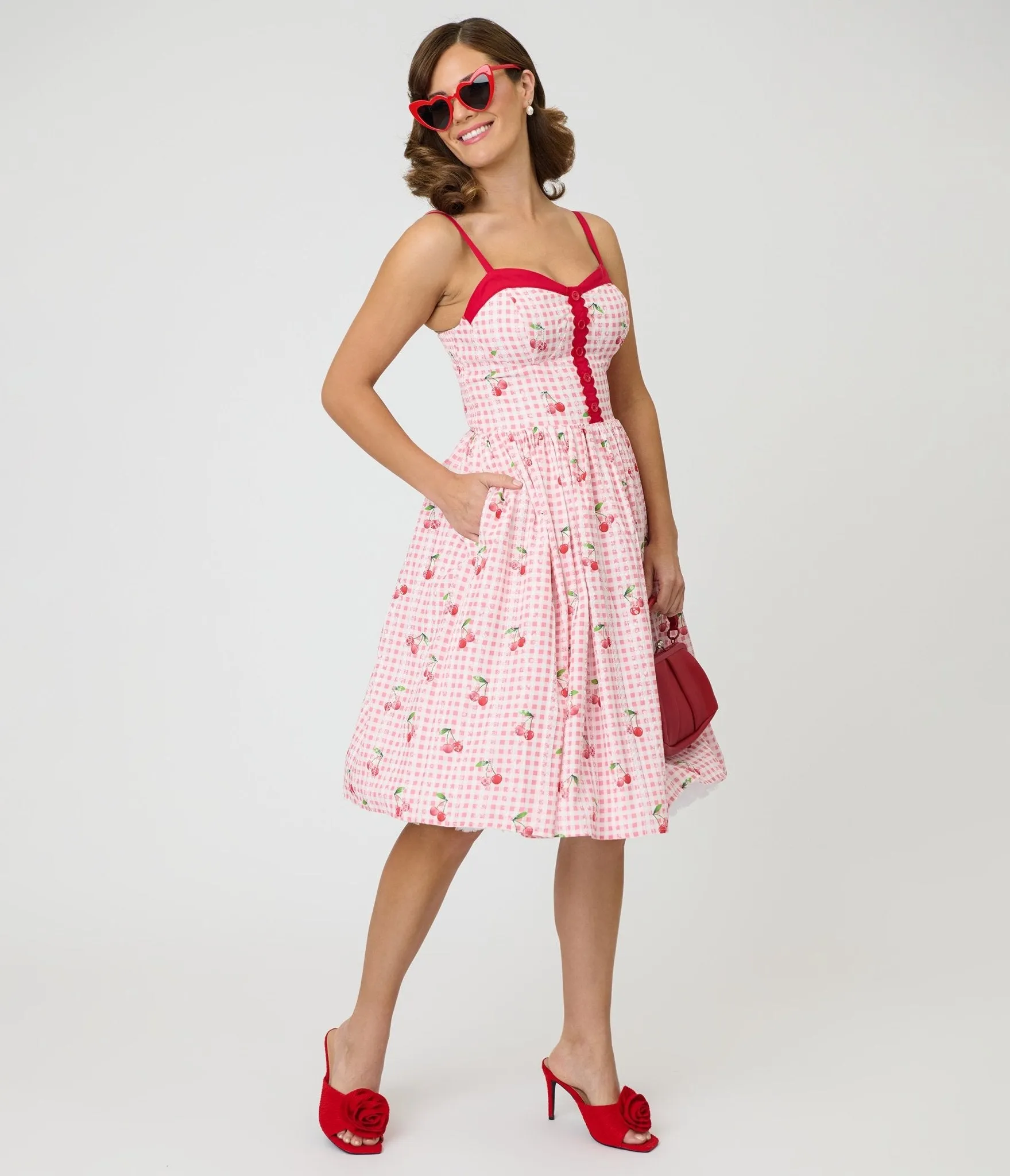 Unique Vintage Red Gingham & Cherries Sweetheart Swing Dress sold by Unique Vintage product image thumbnail 4