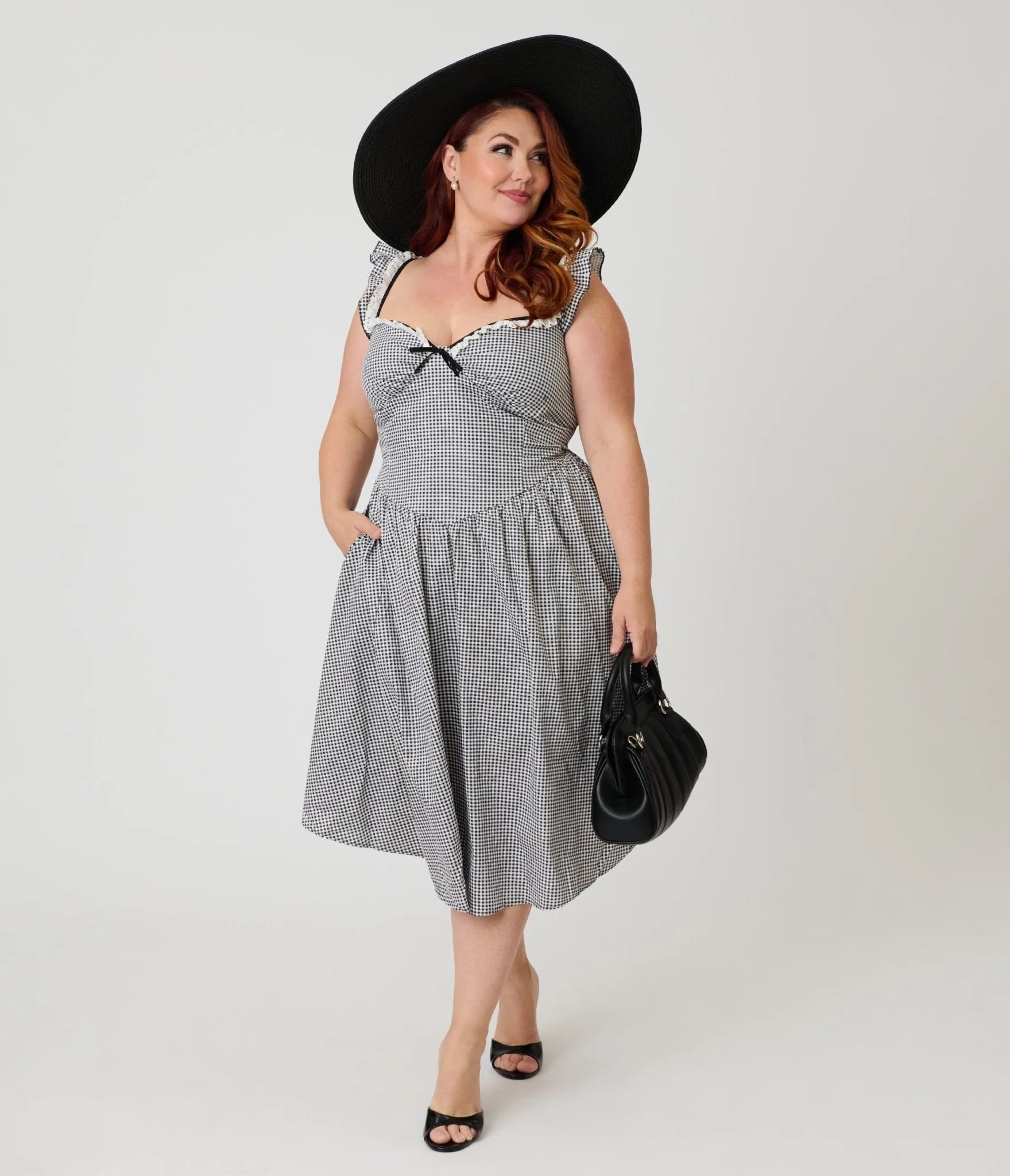Unique Vintage Plus Size Black & White Gingham Sweetheart Flutter Sleeve Swing Dress sold by Unique Vintage product image thumbnail 4