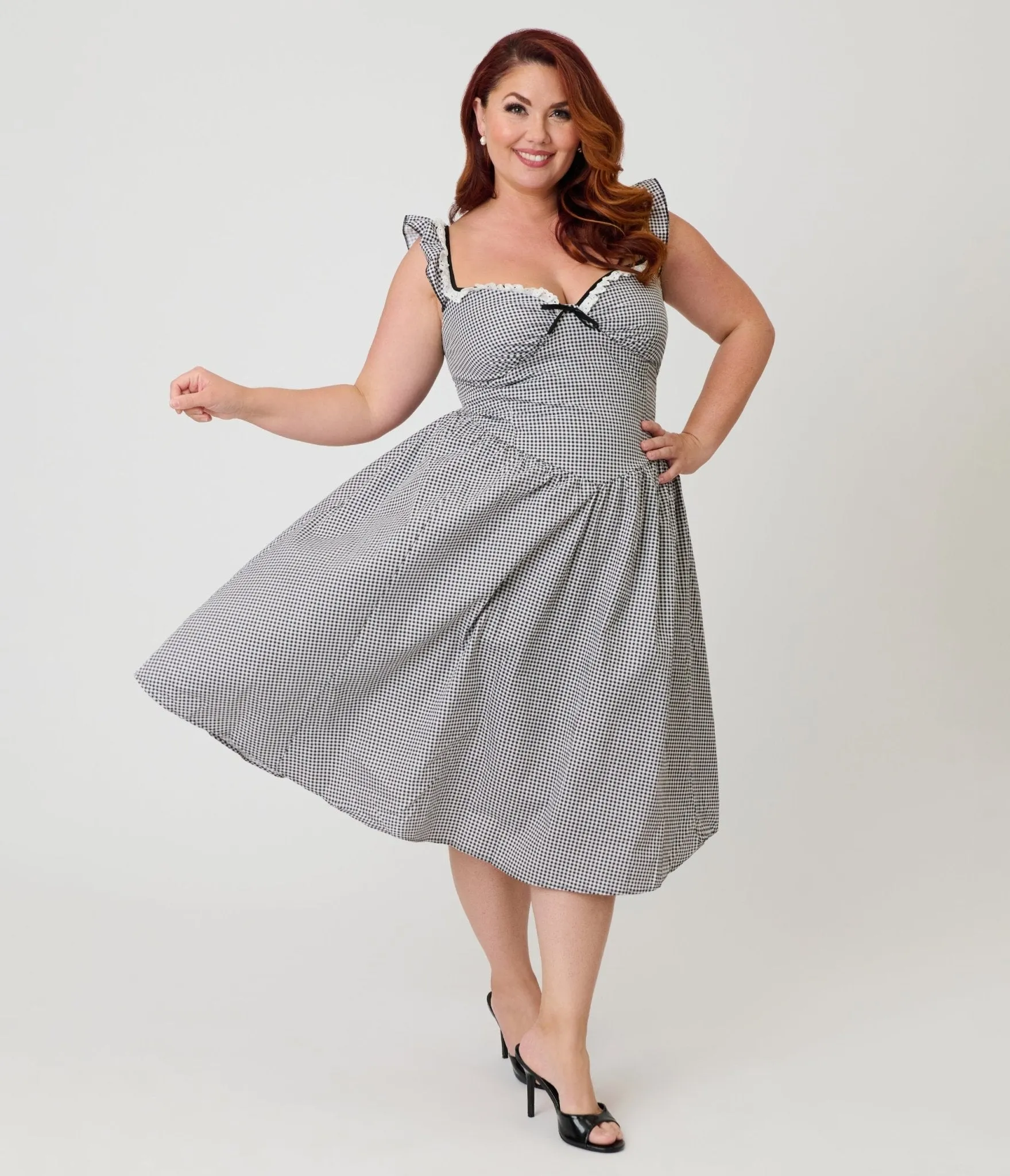 Unique Vintage Plus Size Black & White Gingham Sweetheart Flutter Sleeve Swing Dress sold by Unique Vintage product image thumbnail 3