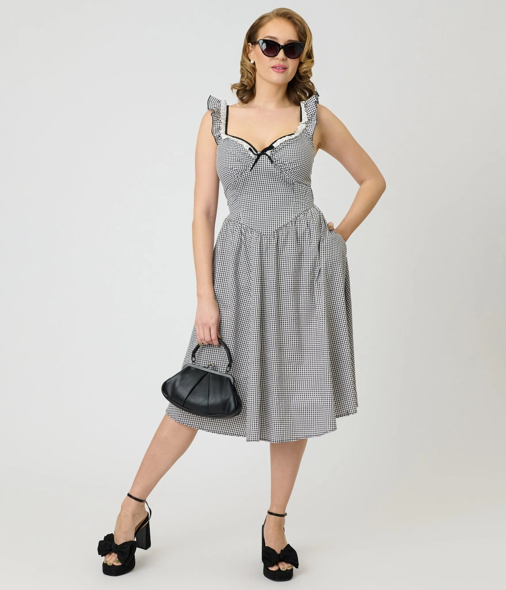 Unique Vintage Black & White Gingham Sweetheart Flutter Sleeve Swing Dress sold by Unique Vintage product image thumbnail 4