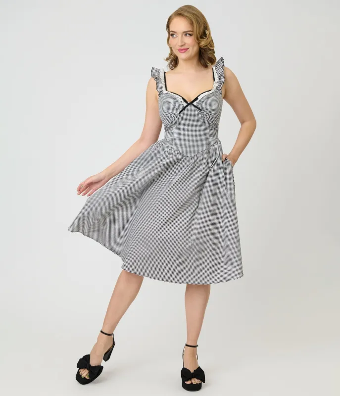 Unique Vintage Black & White Gingham Sweetheart Flutter Sleeve Swing Dress made by Unique Vintage